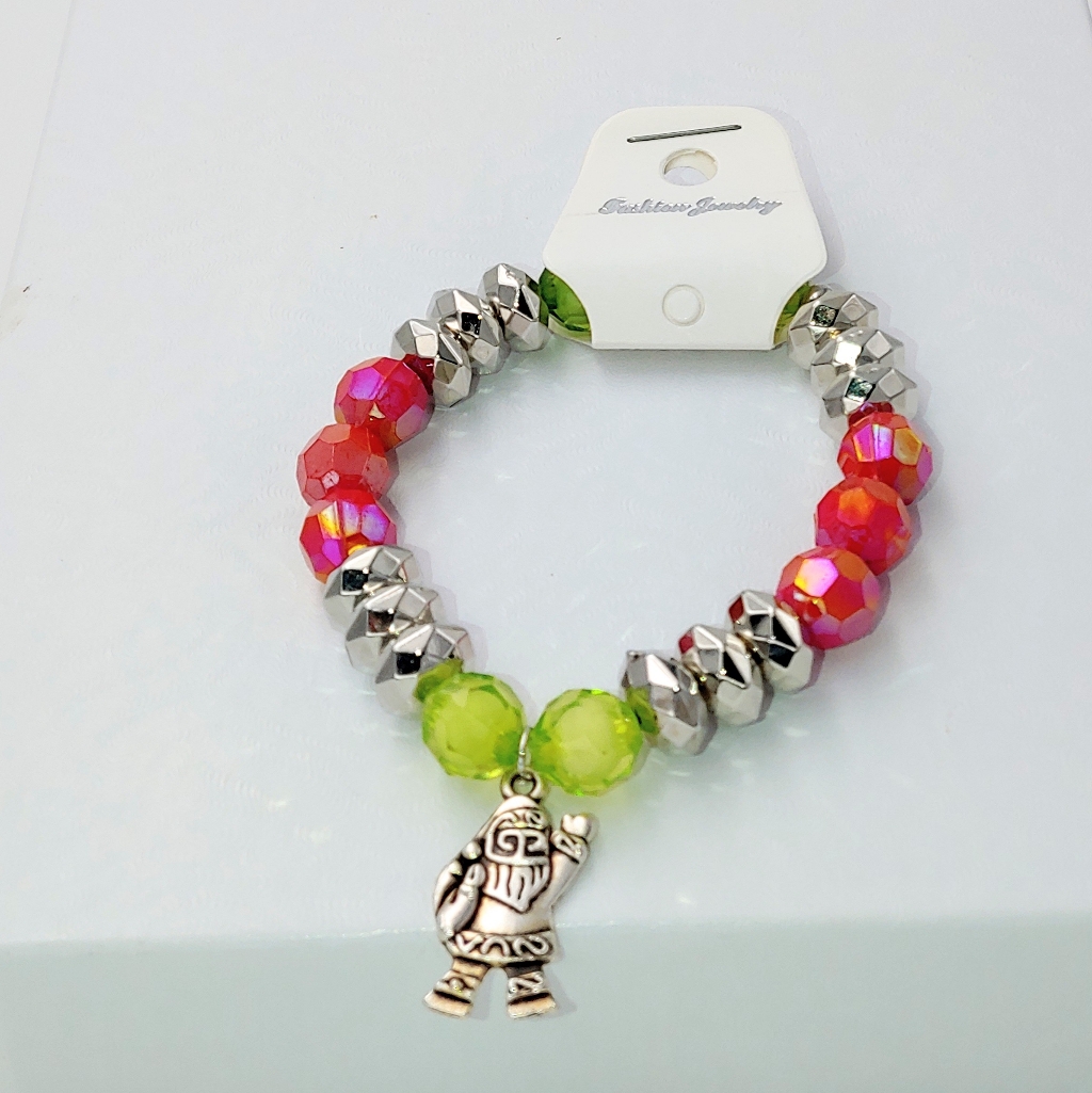 261c85. Red, Green & Silver Beaded Santa Charm Bracelet